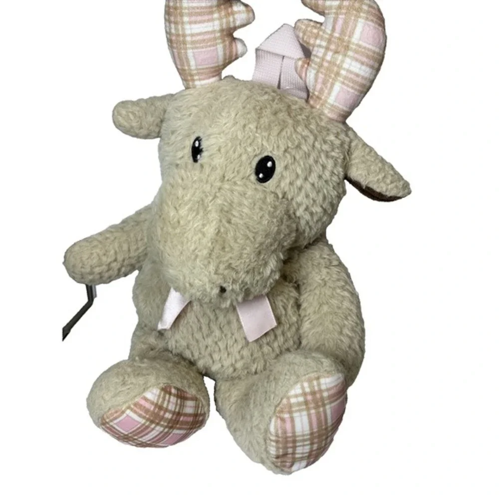 Tan Moose Plush Backpack‎ Pink Plaid Antlers Sherpa Faux Fur Stuffed Animal Bag